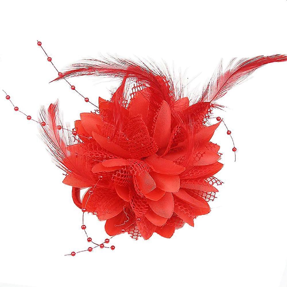 Kvinnors hårklämma Mesh Blomma Fjäder Pärla Corsage Brooch Pin Brud Barrettes