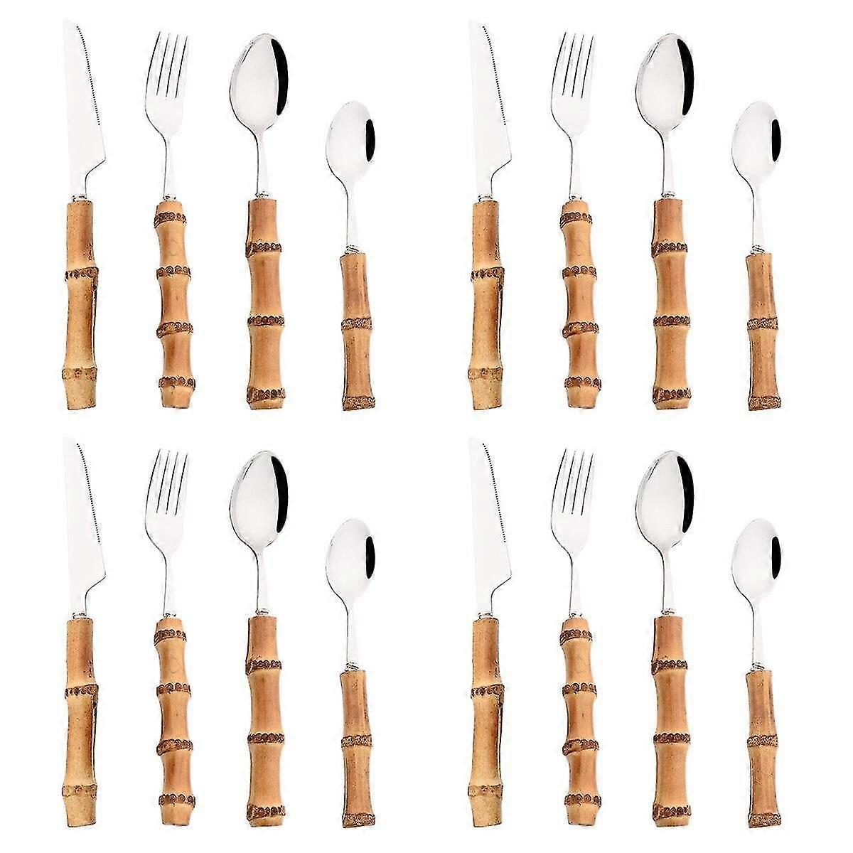 4/8/16/24 יחידות סט סכו"ם ידית במבוק יצירתי כלי שולחן נירוסטה סטייק סכין מזלג כף טיספואו