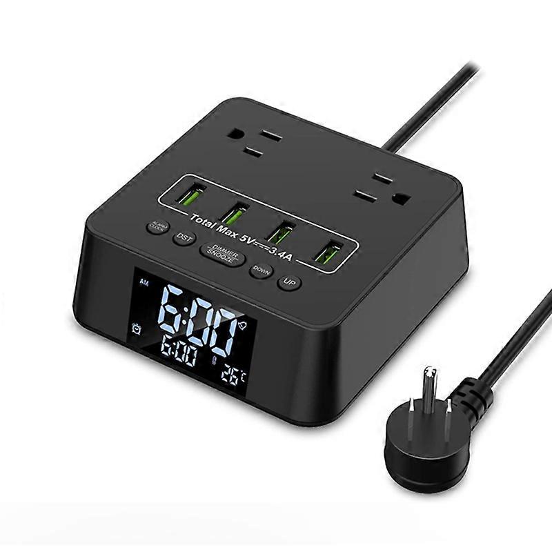 Alarm Clock with 4 USB Chargers, Power Strip 3 Outlets, 1700J Surge Protector, Nightstand Dimmable Digital Clock with Dual Alarm and Snooze Function