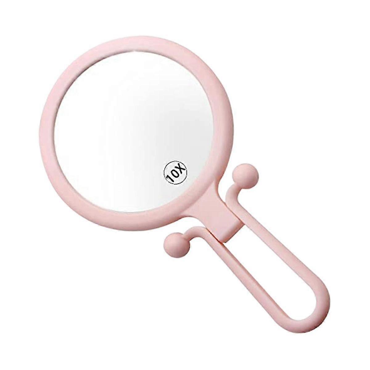10X Handheld Magnifier, Double Sided Folding Makeup Mirror, Portable Handheld Mirror with Adjustable Handle(Pink)