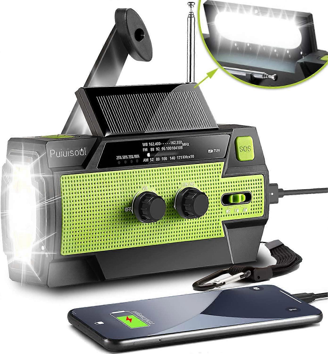 Emergency Crank Weather Radio, 4000mAh Solar Hand Crank Portable w/ Flashlight,100% New