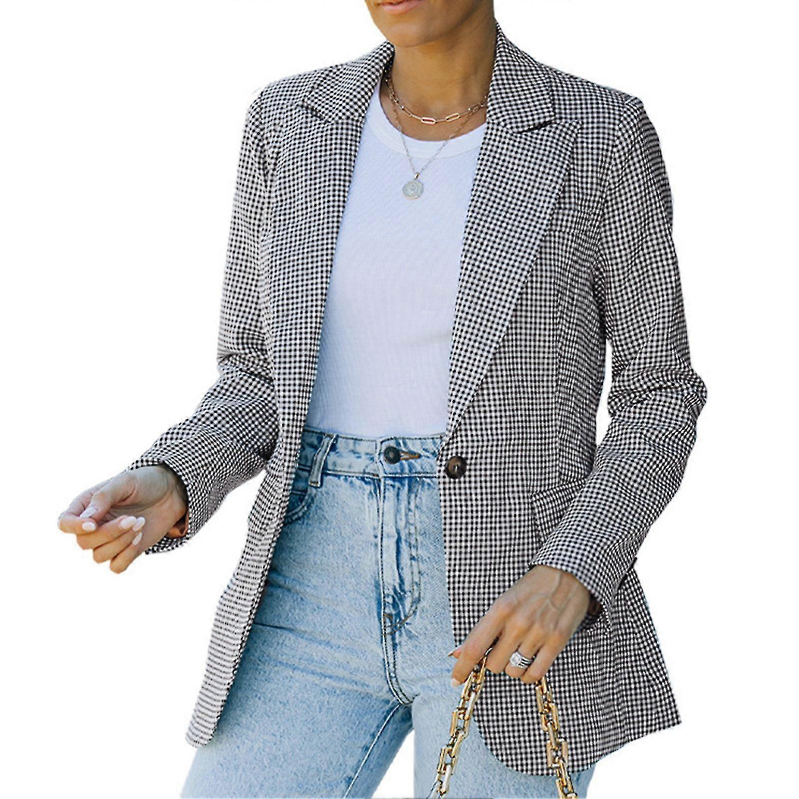 Women's Black XXL Slim Fit Blazer with Fashionable Grid Print Cuff Buttons and Turn Down Collar