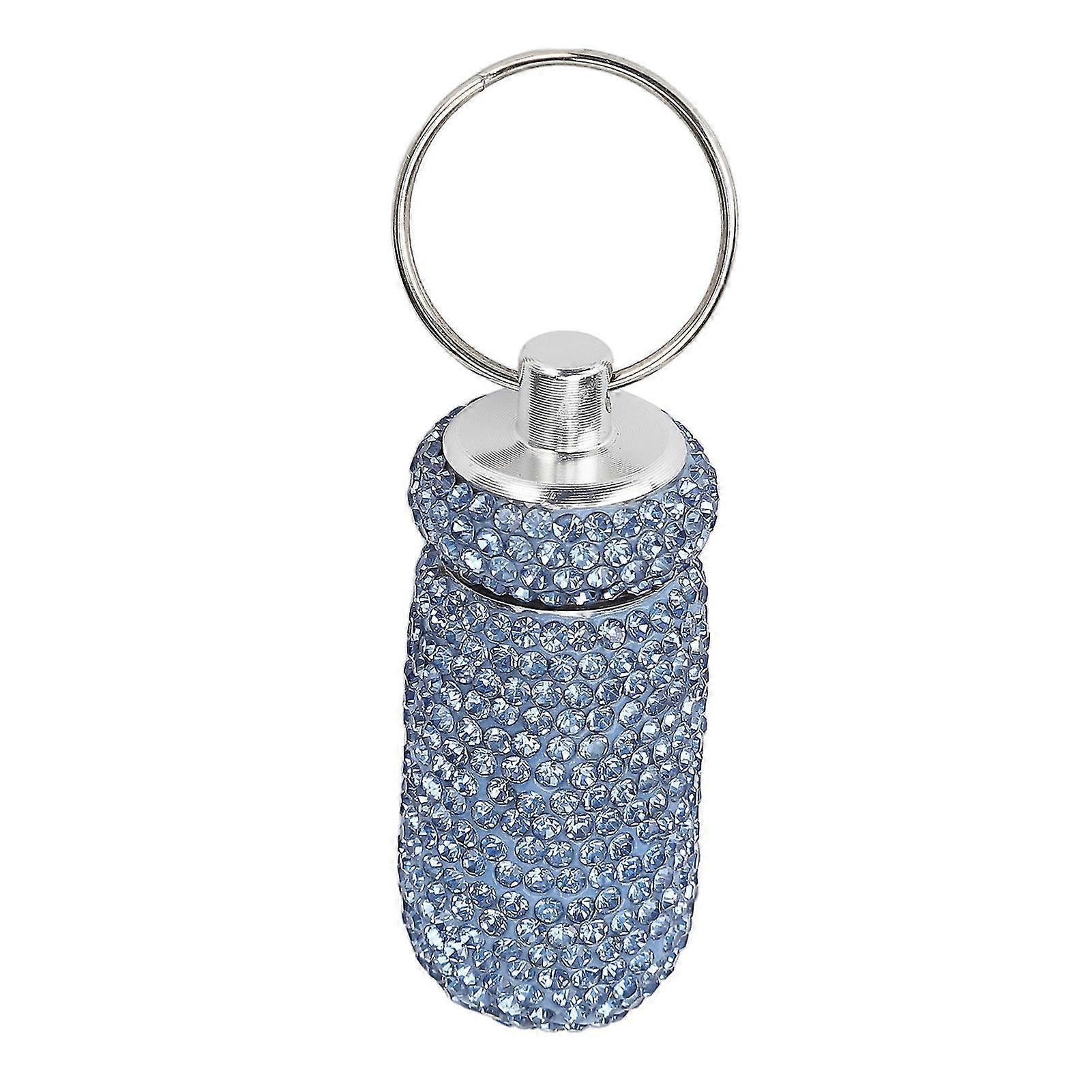 Portable Aluminum Alloy Capsule Storage Case with Light Blue Rhinestone and Keyring