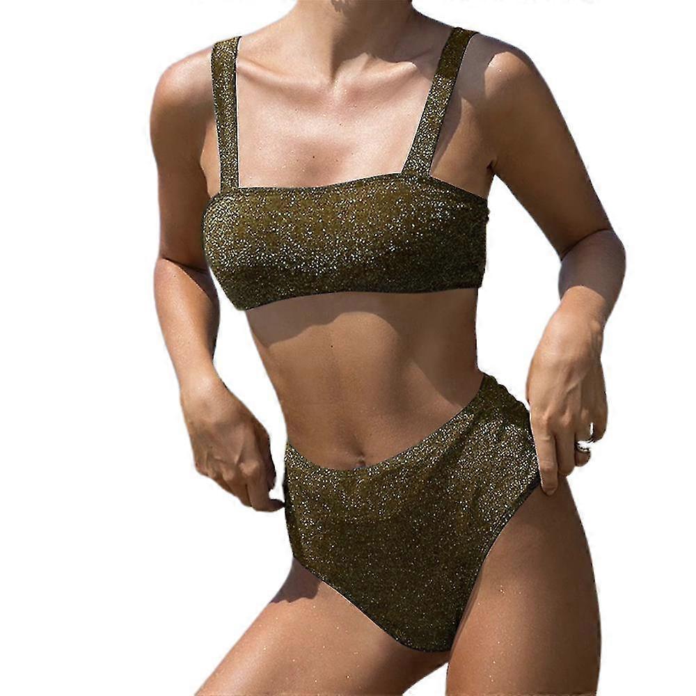 Women Plain Bikini Set Tube Top + High Waist Briefs Swimwear Swimsuit