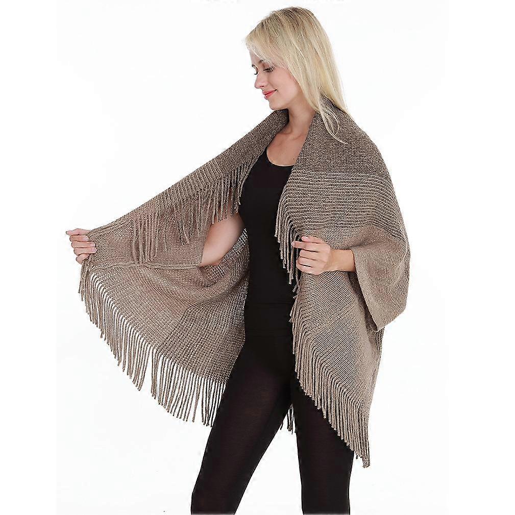 Open Front Poncho Winter Knitting Shawl Wrap with Tassel for Lady