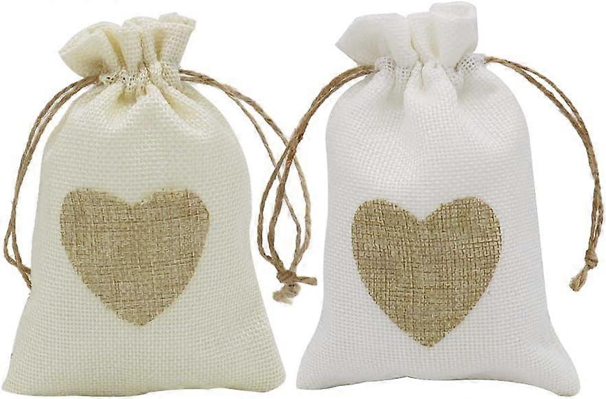 Small Burlap Heart Gift Bags with Drawstring, 20pcs Jute Cloth Favour Pouches 10 x 14 cm for Wedding Shower Party Christmas Valentine's Day