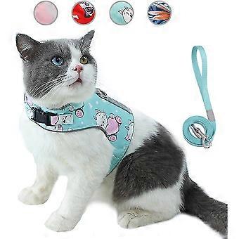 Anti-Flucht-Set aus Katzenleine und -geschirr, verstellbare, weiche, atmungsaktive Reflektorweste für Haustiere mit innovativer Anti-Verlust-Karte (S, Cyan)