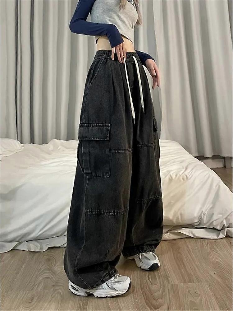 HOUZHOU Harajuku Vintage Blue Cargo Jeans Women Oversize Y2K