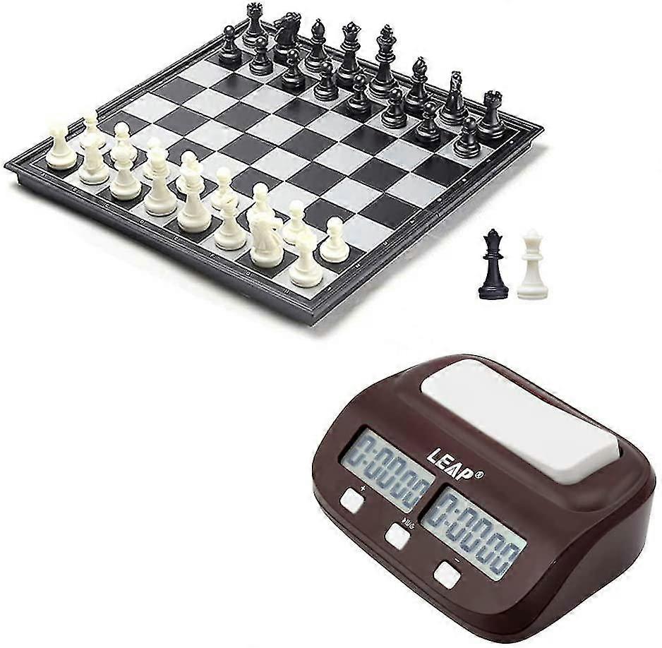 Combo Set - Chess Timer Count Up/down Chess Game Clock + 25x25cm Magnetic Folding Chess Board With White Chess Pieces