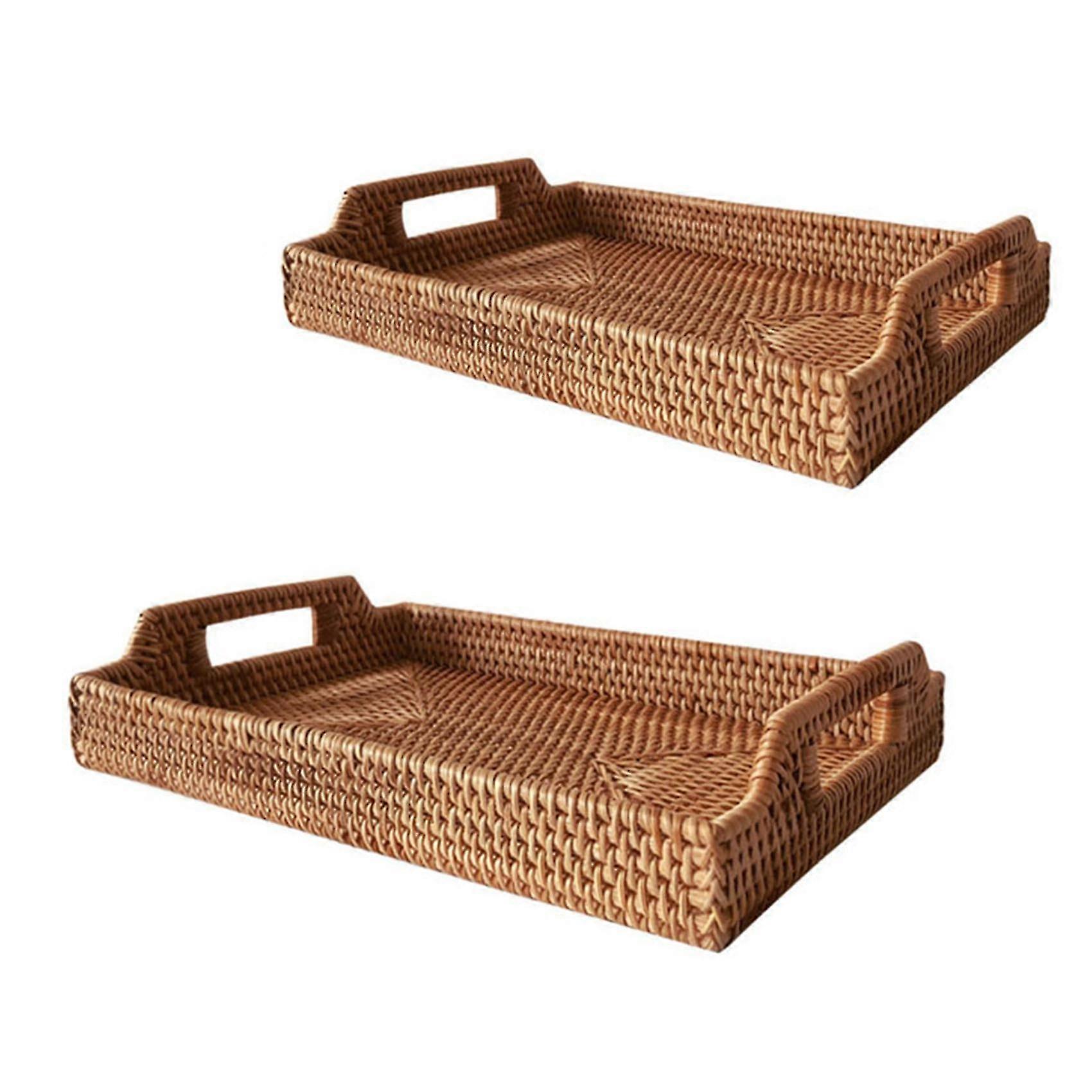 Rattan gewebte Serviertabletts mit Griff Handgemachtes gewebtes Tablett Snack-Teller Rattan Geflochtener Korb Obst Snack Display Tablett