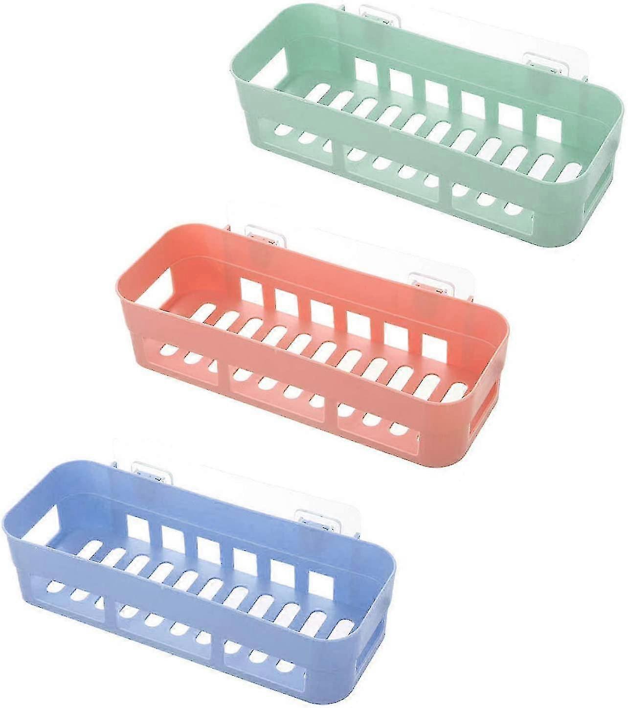 3 Pcs Bathroom Storage Shelves, Self Adhesive Rustproof Rectangular Baskets, No Drilling Shower Shelf For Shampoo Soap (light Blue, Light Green, Light