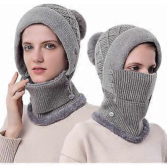 Women Winter Warm Knitted Cap Hat Neck Warmer Sets, Double Layer Fleece Lined Beanie Hat, Grey