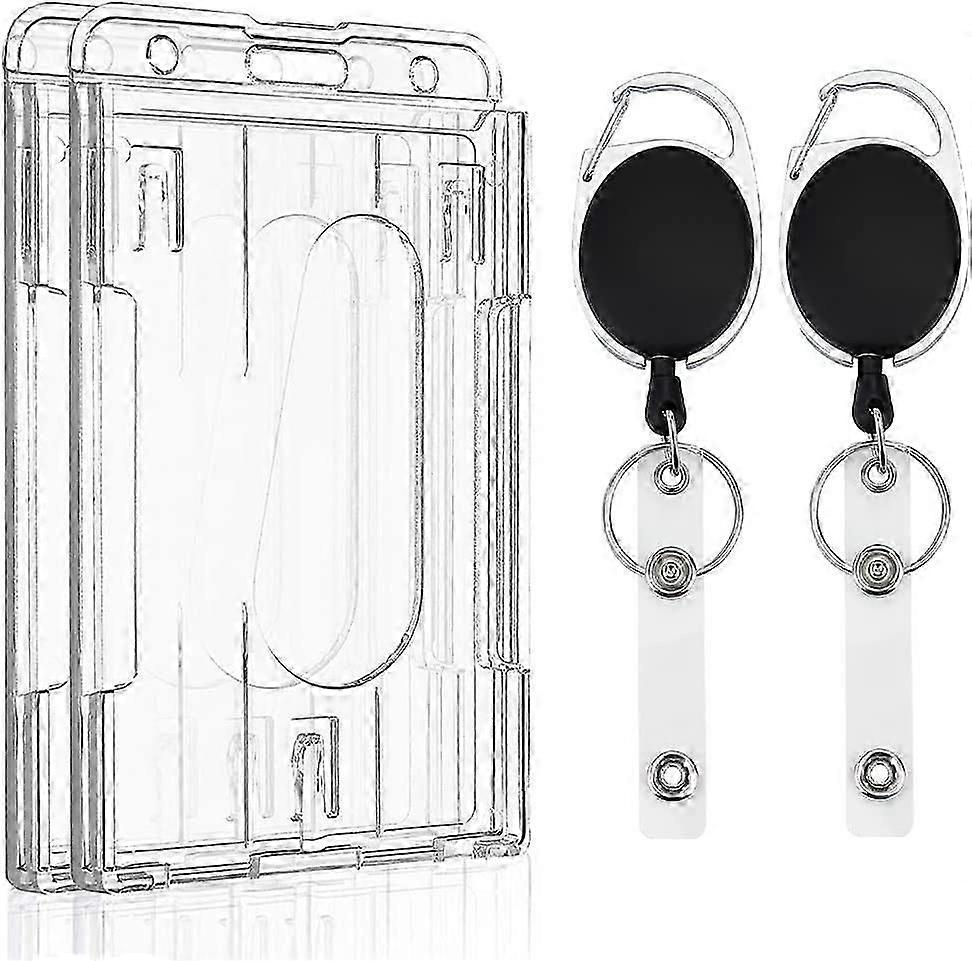 Vertical 2 Card Badge Holder with Thumb Slot Hard Clear PC Case Protector with Retractable Badge Holder, 2-Pack