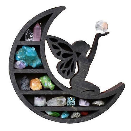 Storage Rack Moon Shape Wooden Wall Shelf Stone Essential Oil Small Plant Display Shelf for Home Decor
