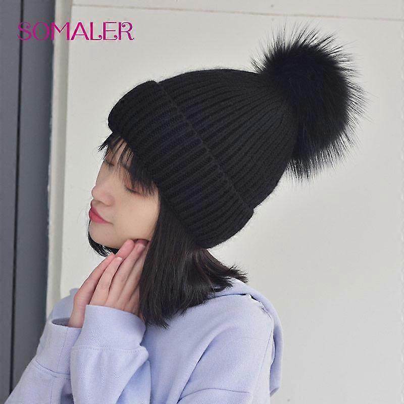 SOMALER Winter Knit Wool Blend Hat with Fur Pompom for Girls Women Fashion Fluffy Warm Beanie Cuff Pompom Hat Female Fall Autumn Casual Cap