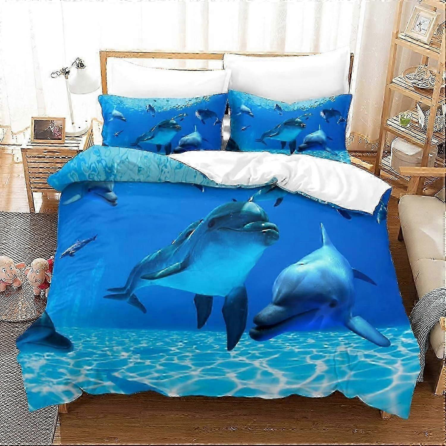طقم مفروشات مع غطاء لحاف D دولفين ، طقم مفروشات مع أكياس وسائد ستوكات ناعمة سهلة العناية للأولاد والبنات البالغين غرف مع إغلاق بسحاب