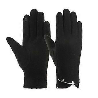 1 Pair Women Winter Gloves Knitted Windproof Thick Elastic Warm Touch Screen Anti-slip Faux Pearl Decor Soft Solid Color Cold-proof Cycling Gloves