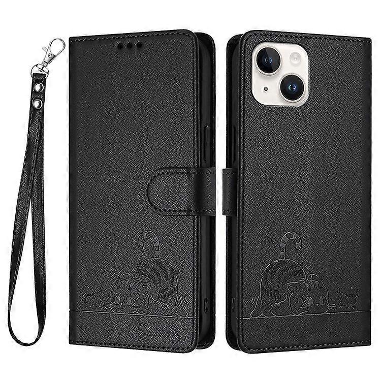 YB Imprinting Series-9 Compatible For iPhone 15 Leather Case Cat Mouse Pattern RFID Phone Cover