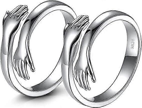 Set di 2 anelli di abbraccio, anelli di abbraccio in argento per donne uomini ragazze abbraccio mani anelli amore abbraccio aperto promessa anello coppie di nozze dichiarazione bande regolabile unis