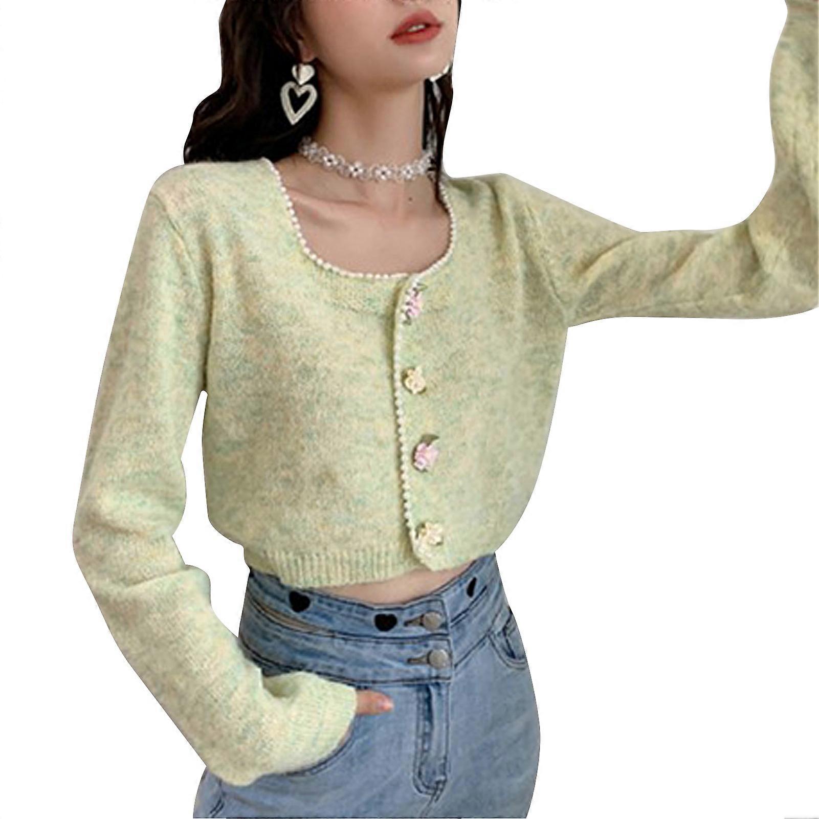 Short Button Sweater Coat Long Sleeves Flower Button Elegant Cute Short Knit Coat for Spring