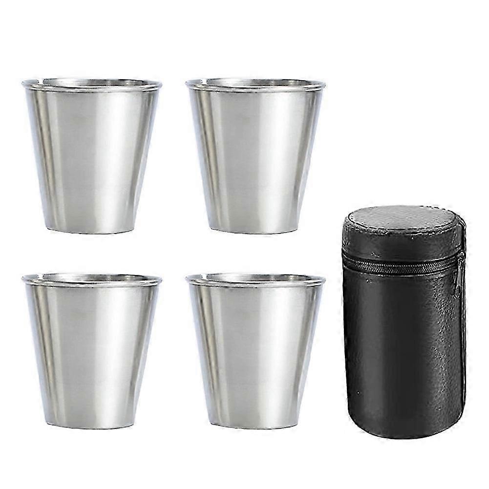 Stainless Steel Shot Cups, Set of 4 Cups, Metal Shot Glasses, Stackable, Hip Flask Small with Leath
