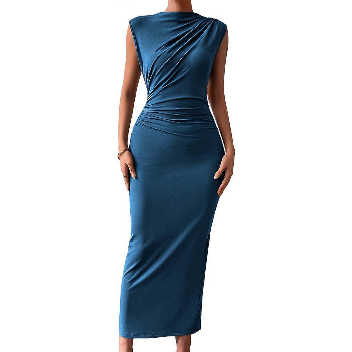 Women'S Ruched Bodycon Dress Blue L