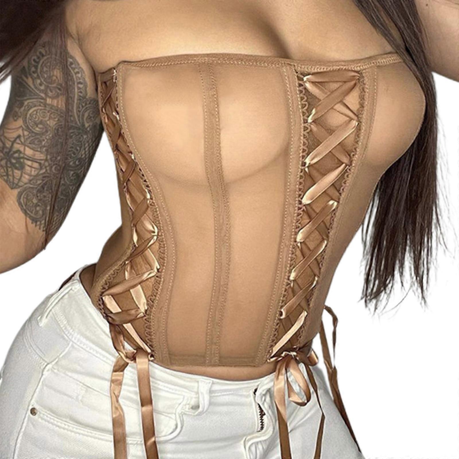 Weste Tops Für Frauen Sexy Durchsichtiges Bustier Korsett Trägerlose Crop Tops Korsett mit Knochen Sexy Tube Top Perspektive Stil Braun M