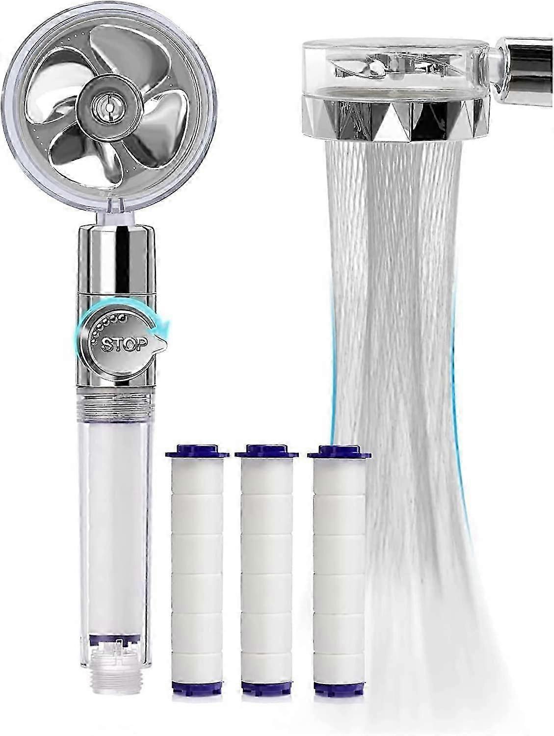 Hand Shower,Water Saving Anti Limescale,360High Pressure Propeller,Three Tier Filter,3 Replaceable PP Cotton (Silver)