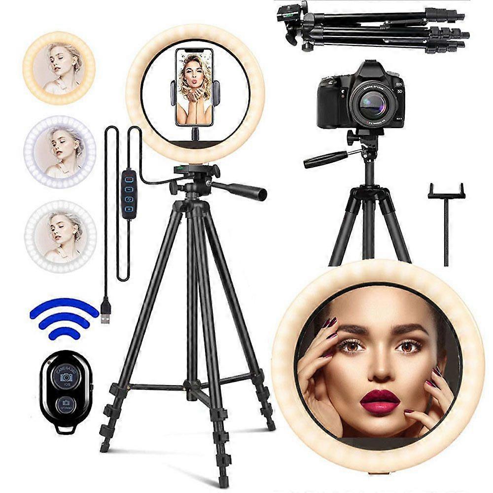 Selfie ring light with extendable tripod, Bluetooth remote control, and adjustable brightness