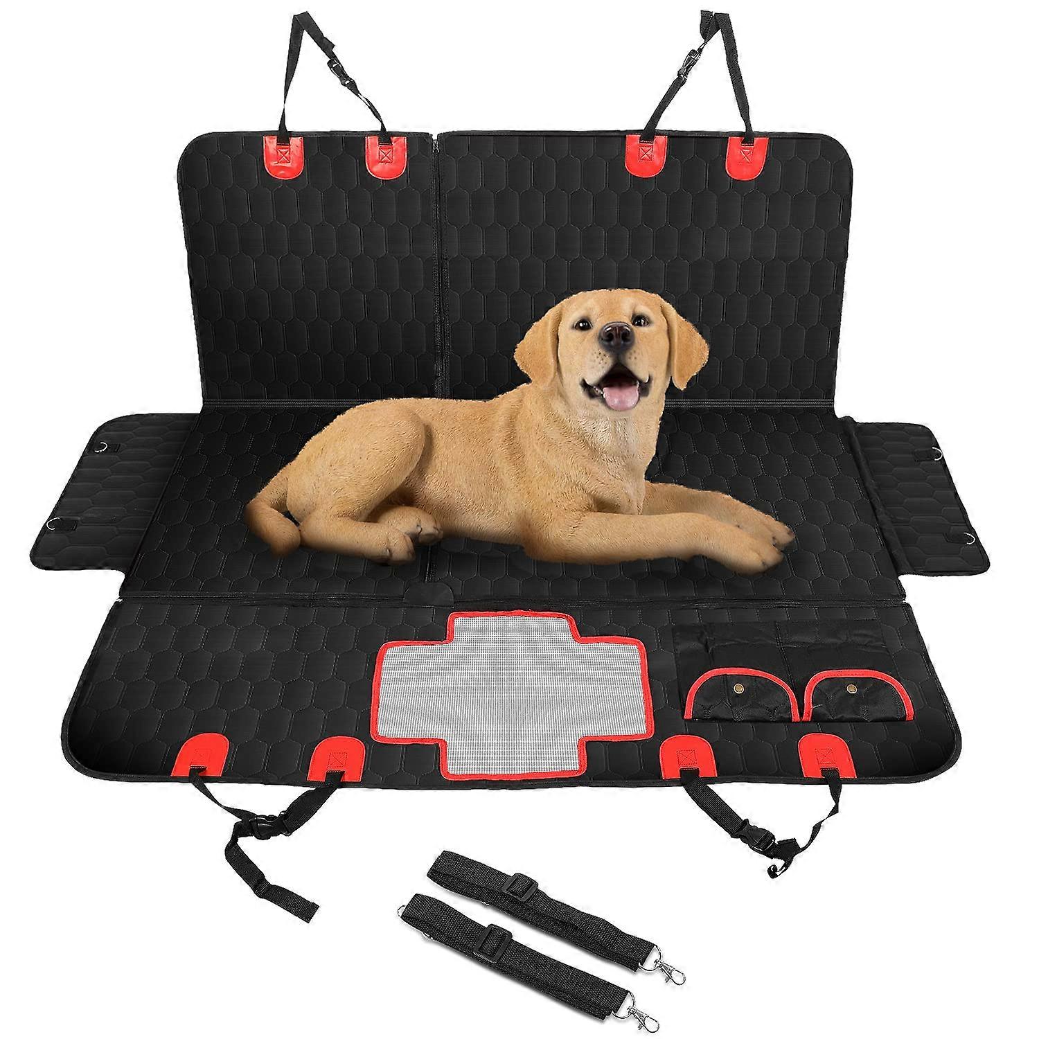 Hammock Style Dog Back Seat Protector Cover with Center Mesh Window, Anti-Slip Padding, Fits Most Cars