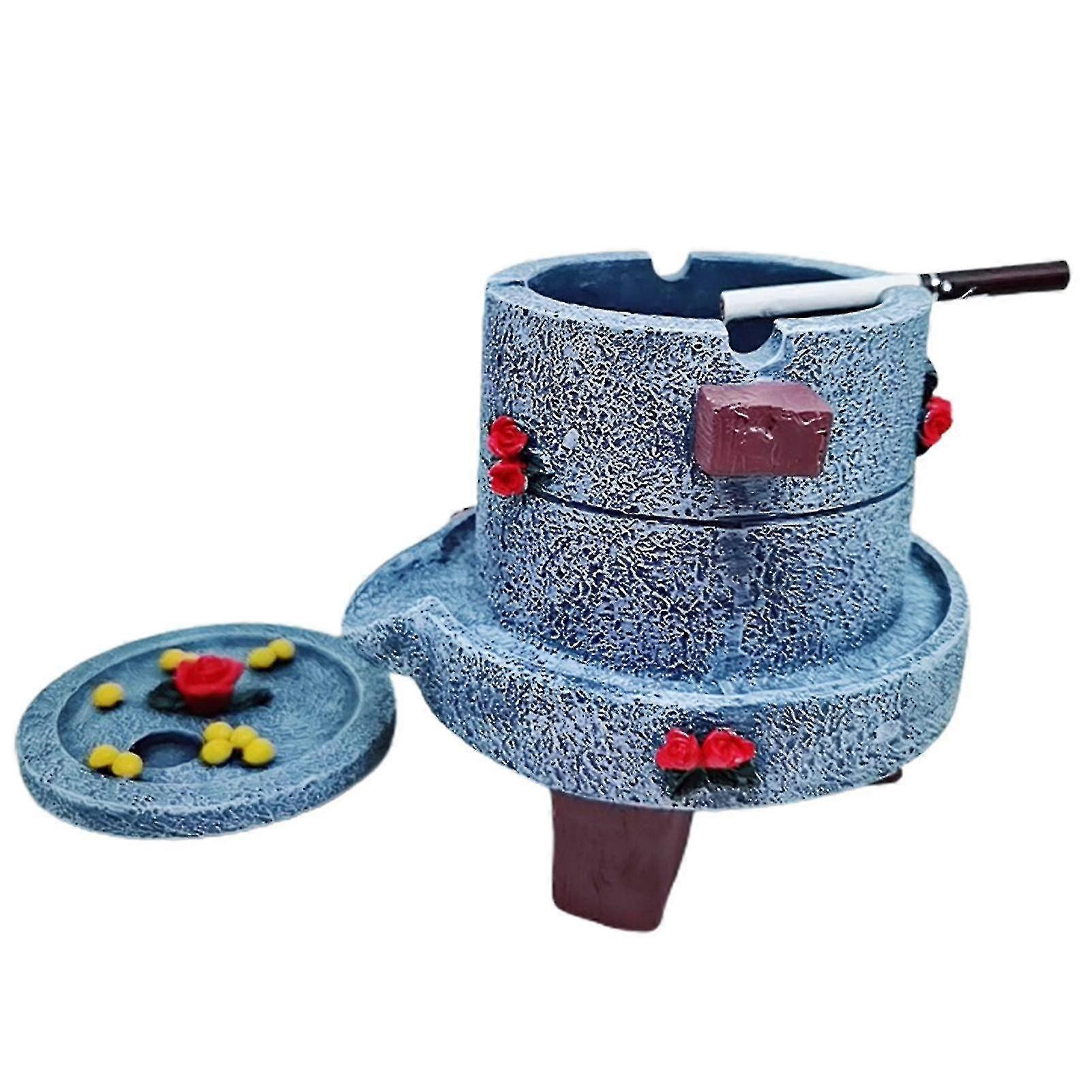 Innovative Large Capacity Resin Blue Stone Mill Shape Ash Holder Suitable for Home Use