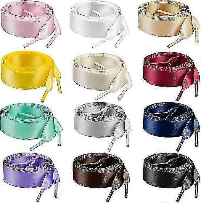 12ペア100 * 2cmフラットサテンリボン靴紐カラフルシルク靴ひもスニーカー用ワイドシューレーススケートシューズブーツスポーツシューズ(12色)