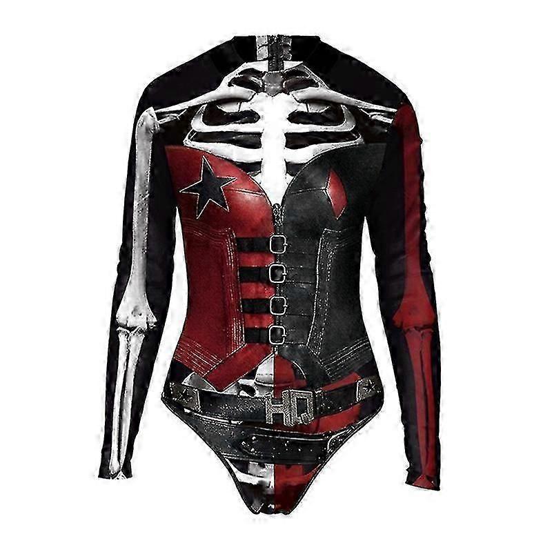 Womens Harley Quinn Cosplay Skull Print Lady One Piece Swimsuit vxz