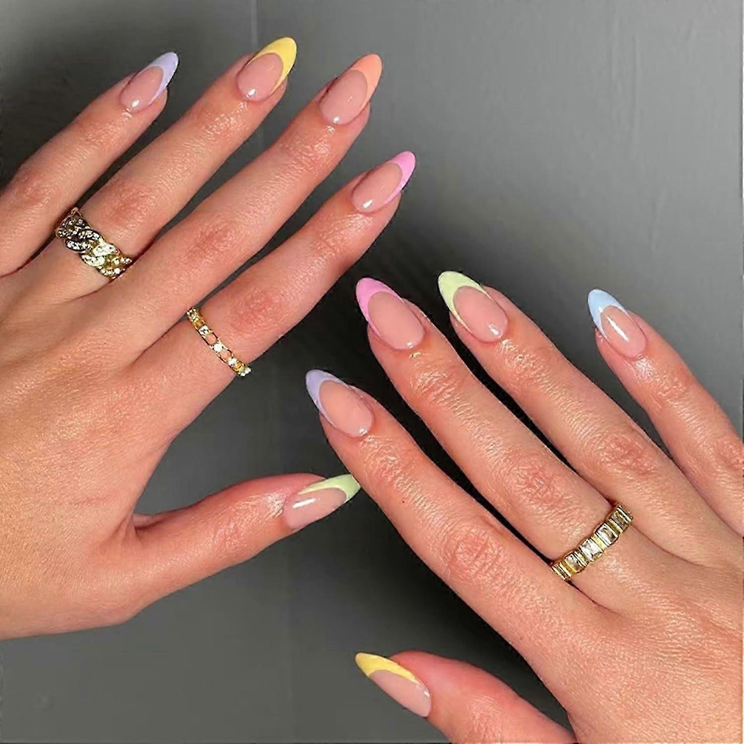 Summer Press on Nails Short Almond Fake Nails Multicolor French Tip False Nails with Design Glossy Reusable Artificial Nails
