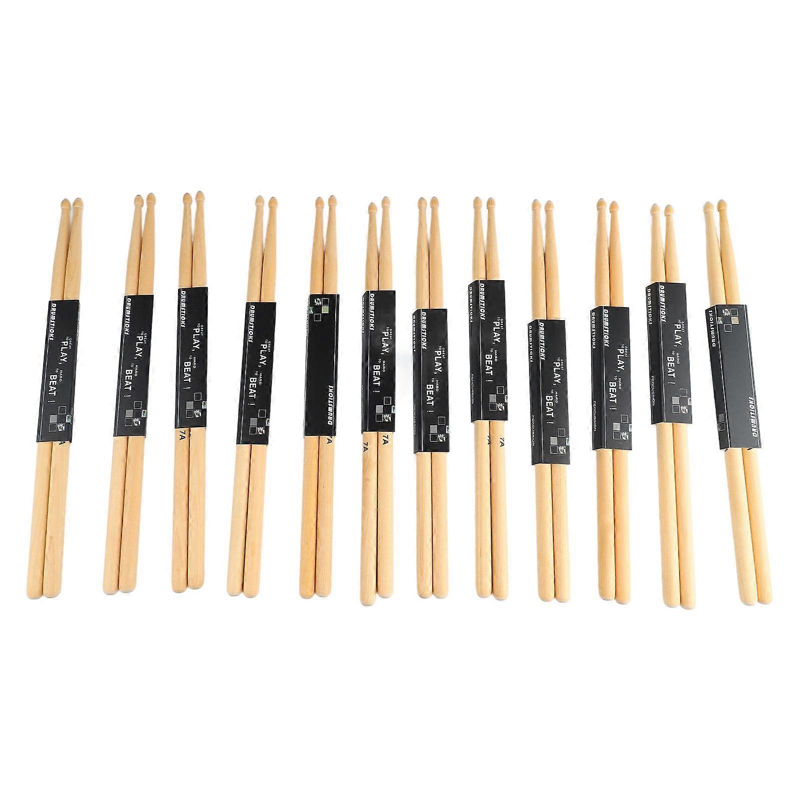 12 Pairs 7A Drumstick Maple Wood Oval Tip Anti Slip Drum Stick Set for Performance Practice