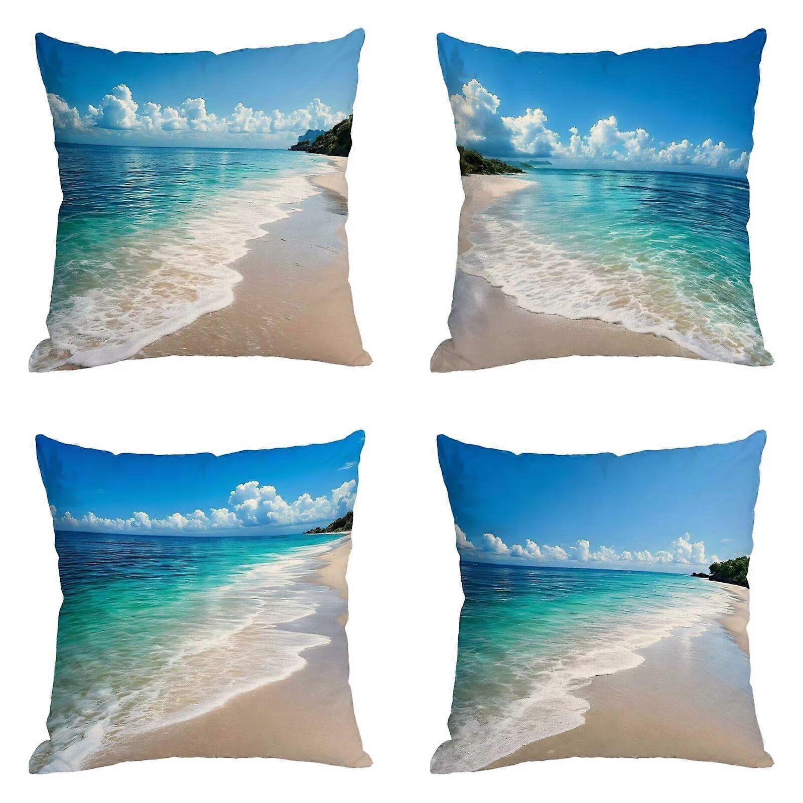 Outdoor waterproof cushion cover sofa beach waves square linen decorative summer with invisible zipper 40 x 40 cm 4 pieces