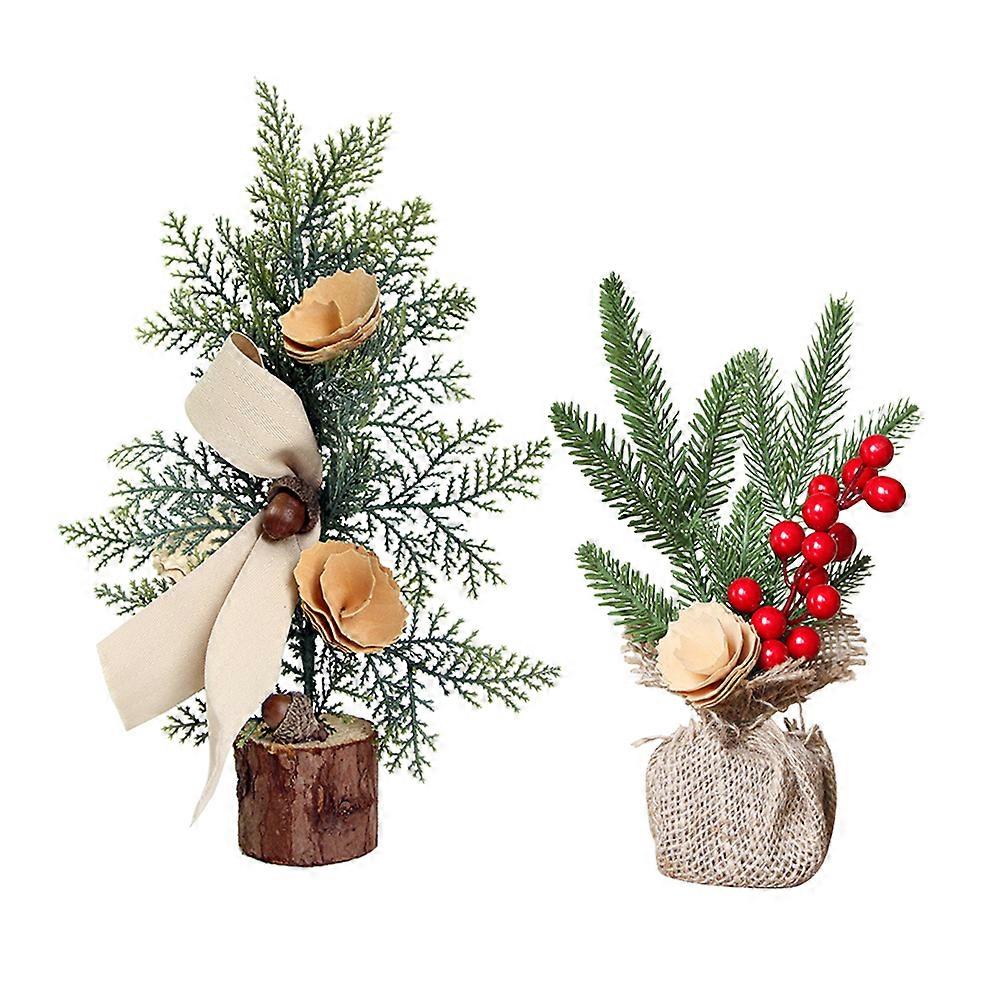Tree Decorations Mini Artificial Christmas Tree Table Home Office Party Red Berry and Pines 25 Cm Festive Atmosphere 2Pcs