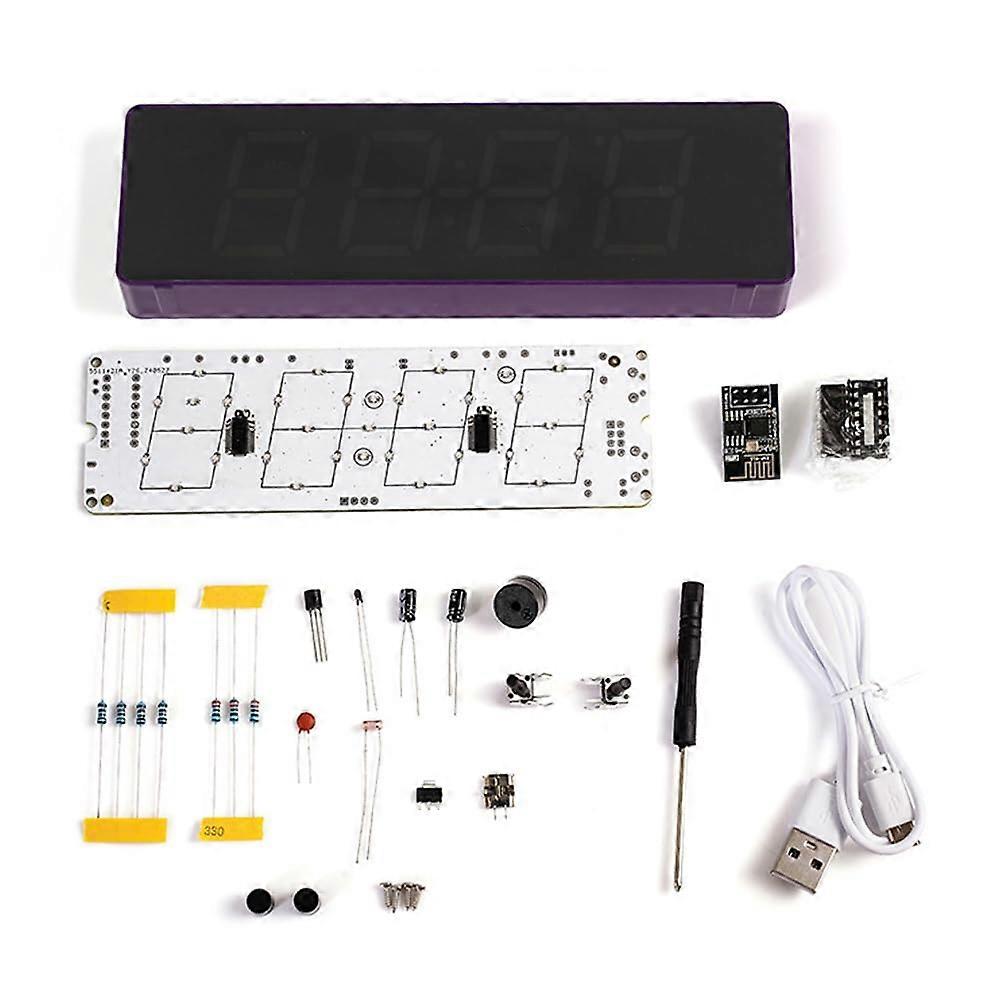 Digital Clock Set with Customizable Display, USB Powered, 12/24 Hour Format, Temperature, Alarms, DIY Soldering Project, Purple