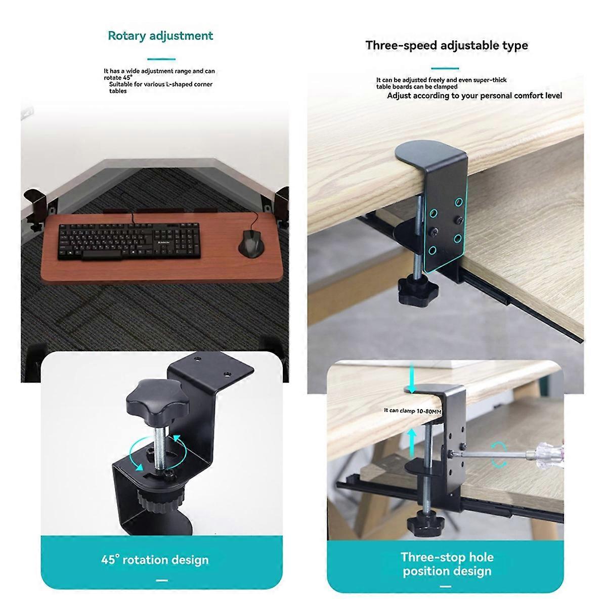 Adjustable Keyboard Tray Under Desk Slide Undermount Keyboard Holder Clamp-on Rail Height Adjustable