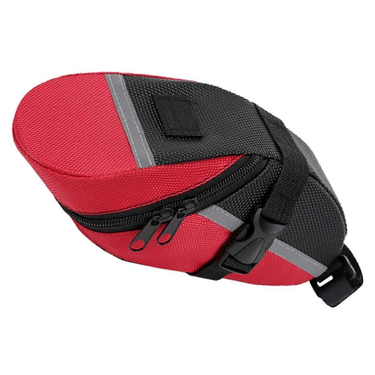 Waterproof bicycle saddle bag for mountain bikes, sturdy storage with compartments for phone, wallet, and tools, quick mounting, red.