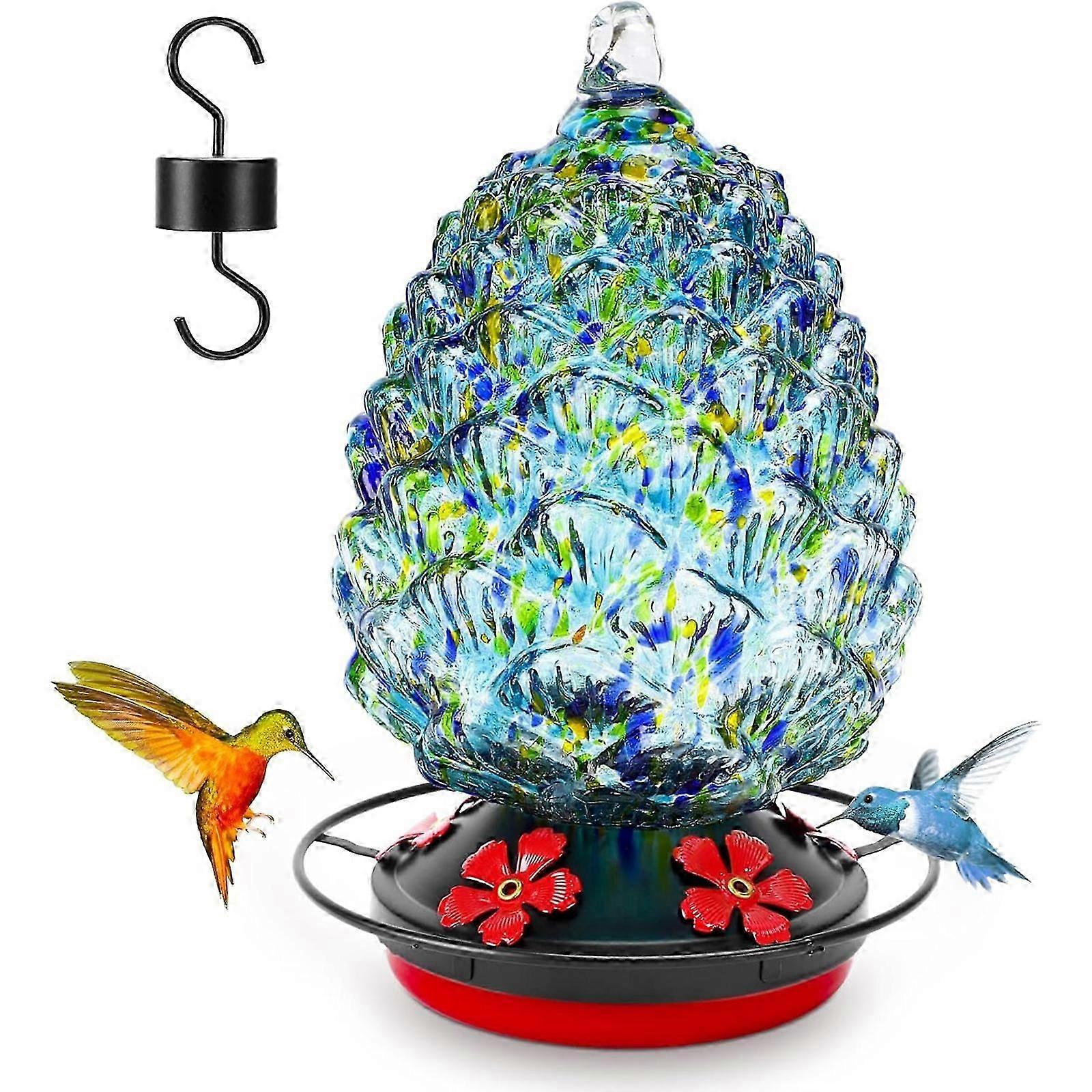 Fuglenektarfoder til havebaghave, håndblæst vild fuglefoderautomat med 5 fodringsporte, anti-falmning lækagesikker og rustfri