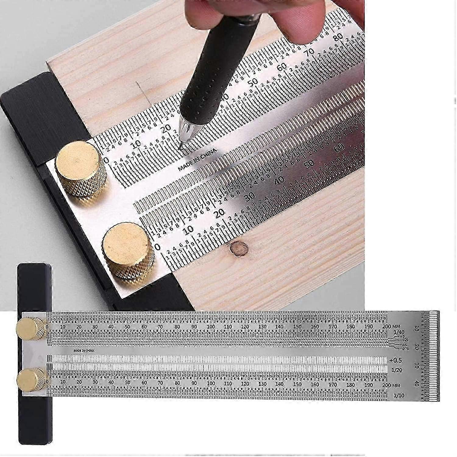 T Type Hole Ruler Precision Marking Gauge Woodworking Tool T Ruler With Auto Pencil (200mm)