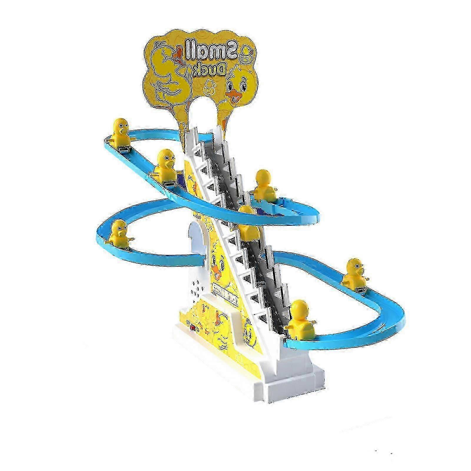 Ηλεκτρικό παπάκι πάπιας που ανεβαίνει το μπλε κομμάτι διαφανειών παιχνιδιών σκαλοπατιών με τα μουσικά εφέ για τα παιδιά Παιδικά παιχνίδια hwy