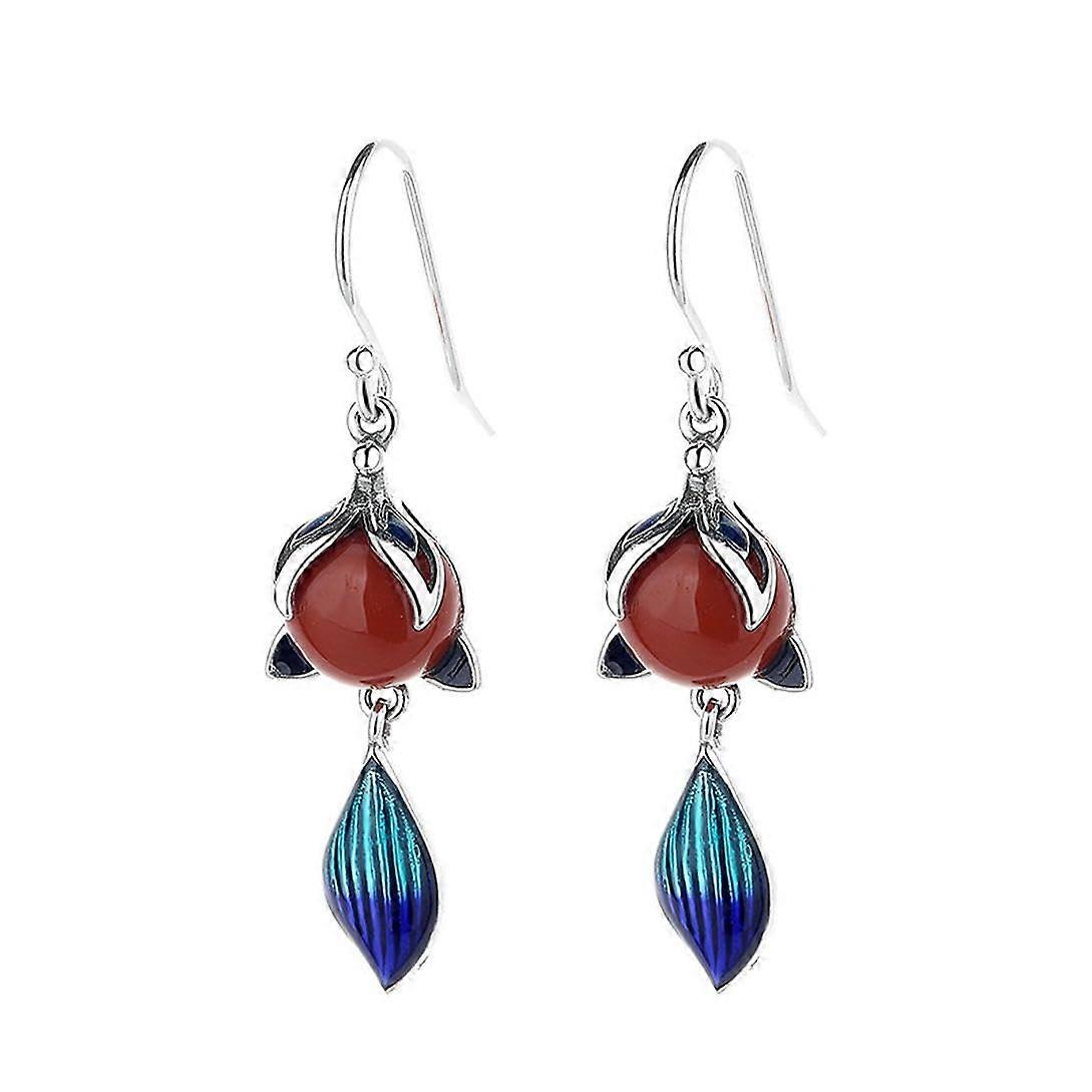 Earrings 925 Sterling Silver Retro Foxtail Design With Red Agate Stone Studs