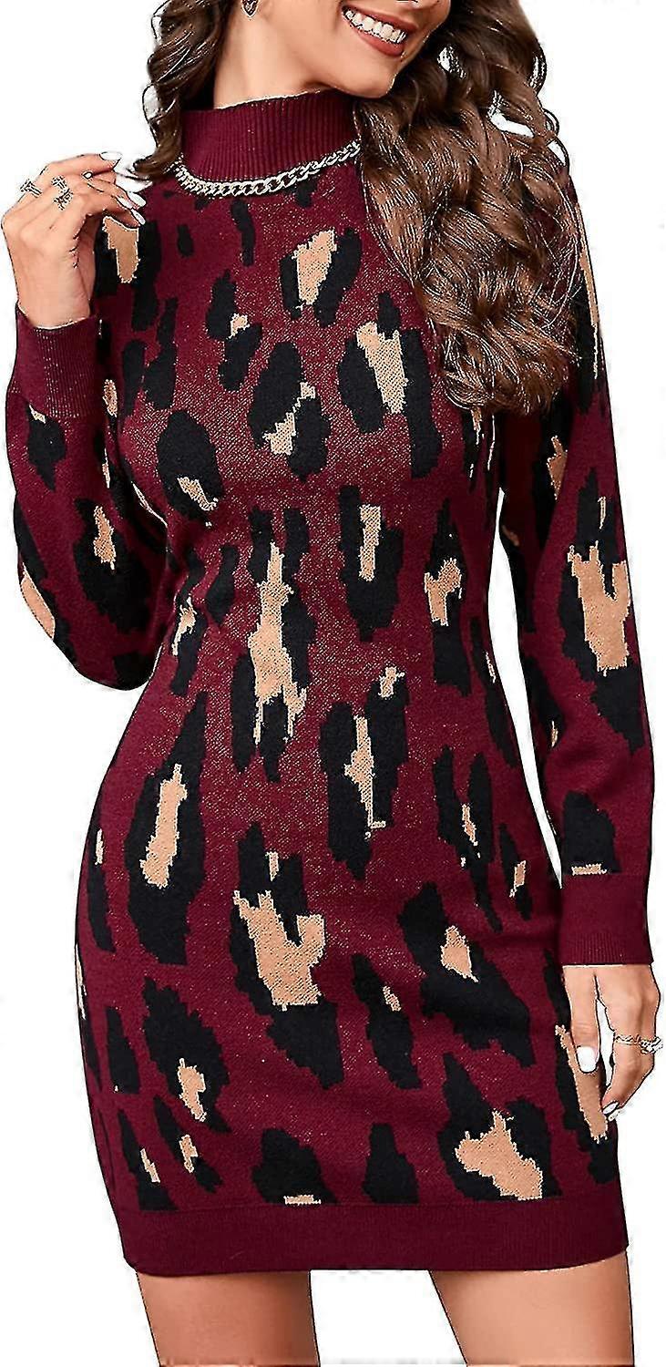 Ladies' High-Neck Knitted Mini Base Layer Dress, S - 2XL, Leopard Print, Soft and Elastic