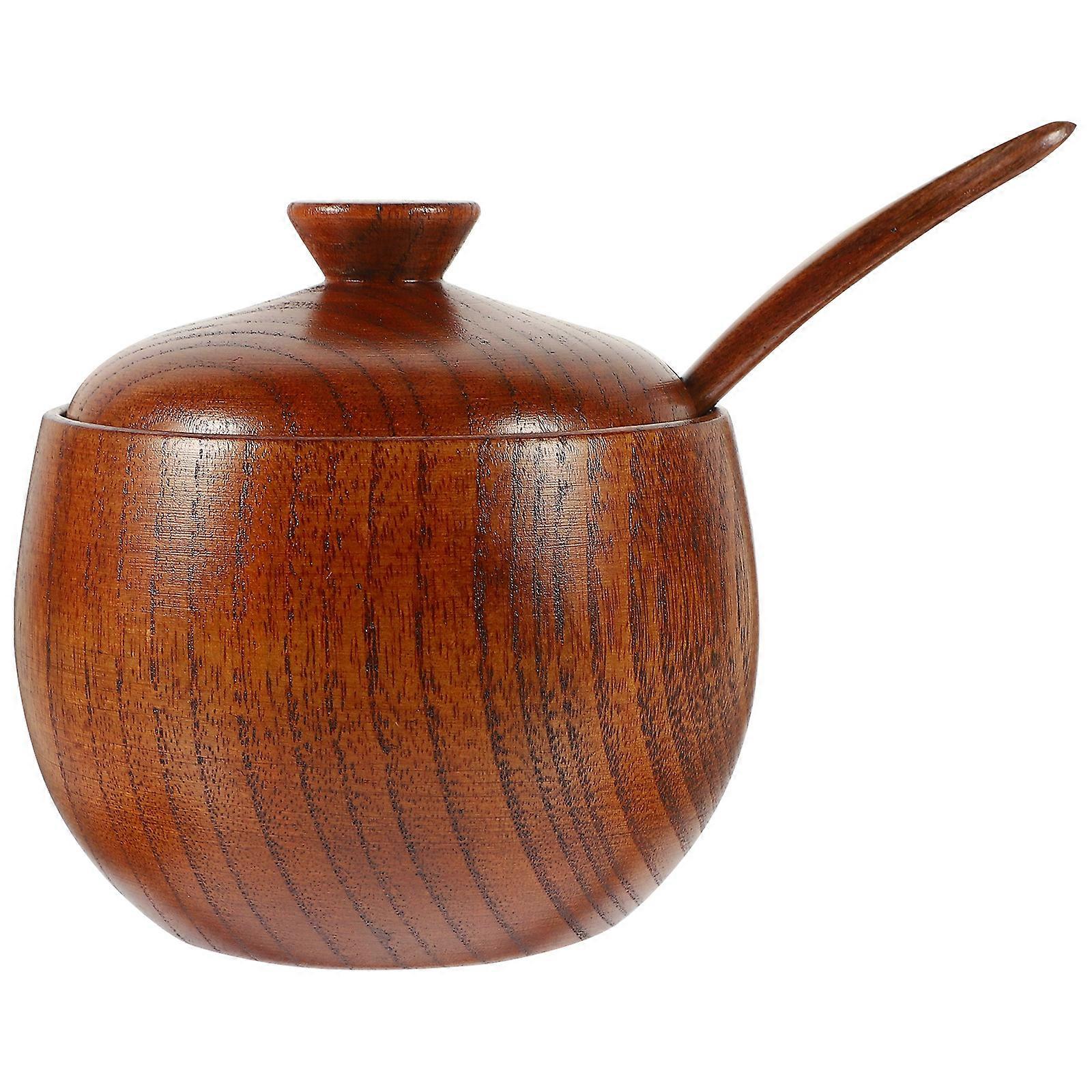 Here's a refined and professional product description based on your input:
**Wooden Condiment Canister with Spoon – Wear Resistant Spice Holder