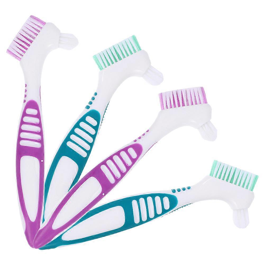 Hard Denture Brush 4 Pack with Ergonomic Handle, Double Sided Toothbrush for Teeth and Denture Cleaning, Slip Grip Design