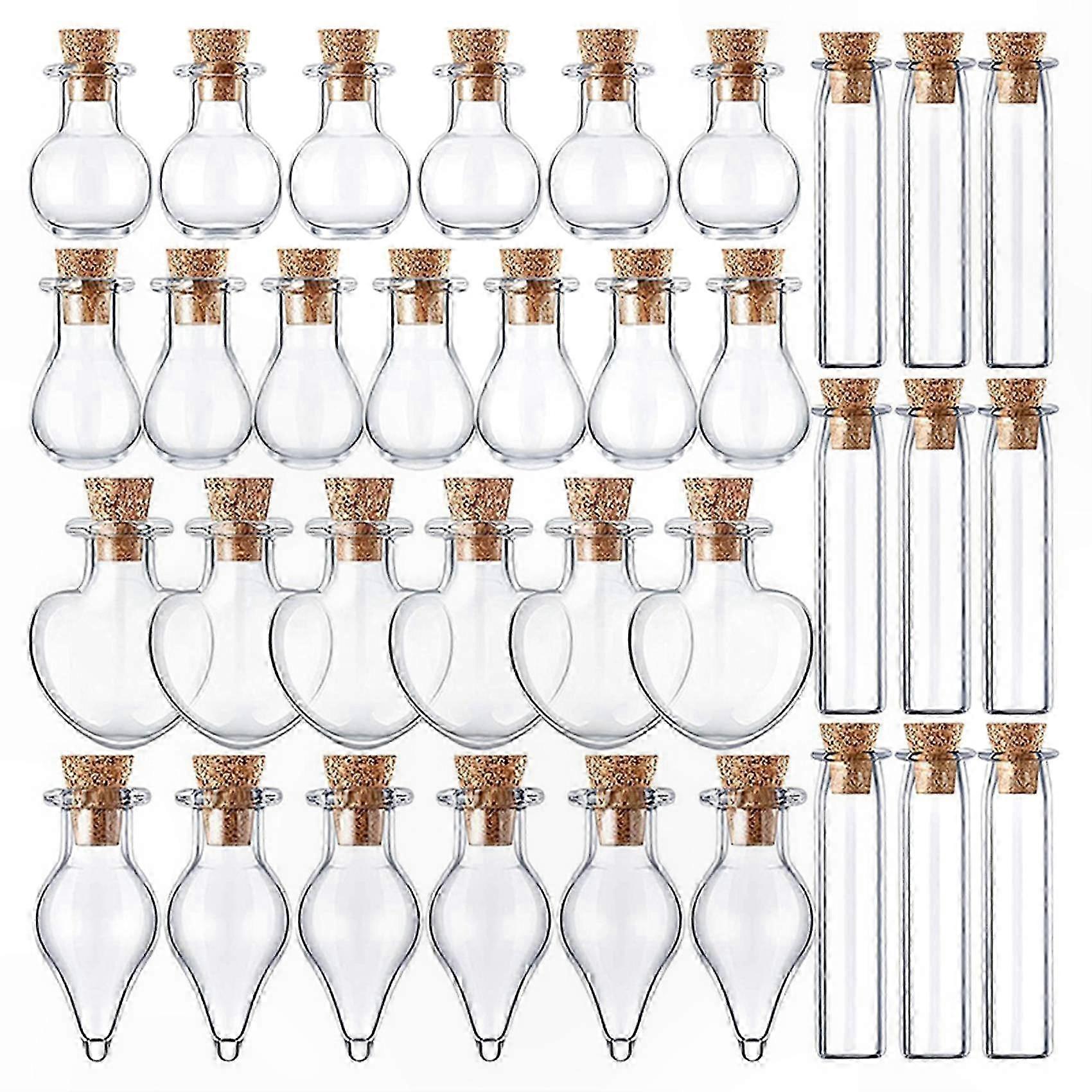 50 Mini Glass Jars with Cork Stoppers, 5 Unique Shapes for Crafting and Decorative Uses