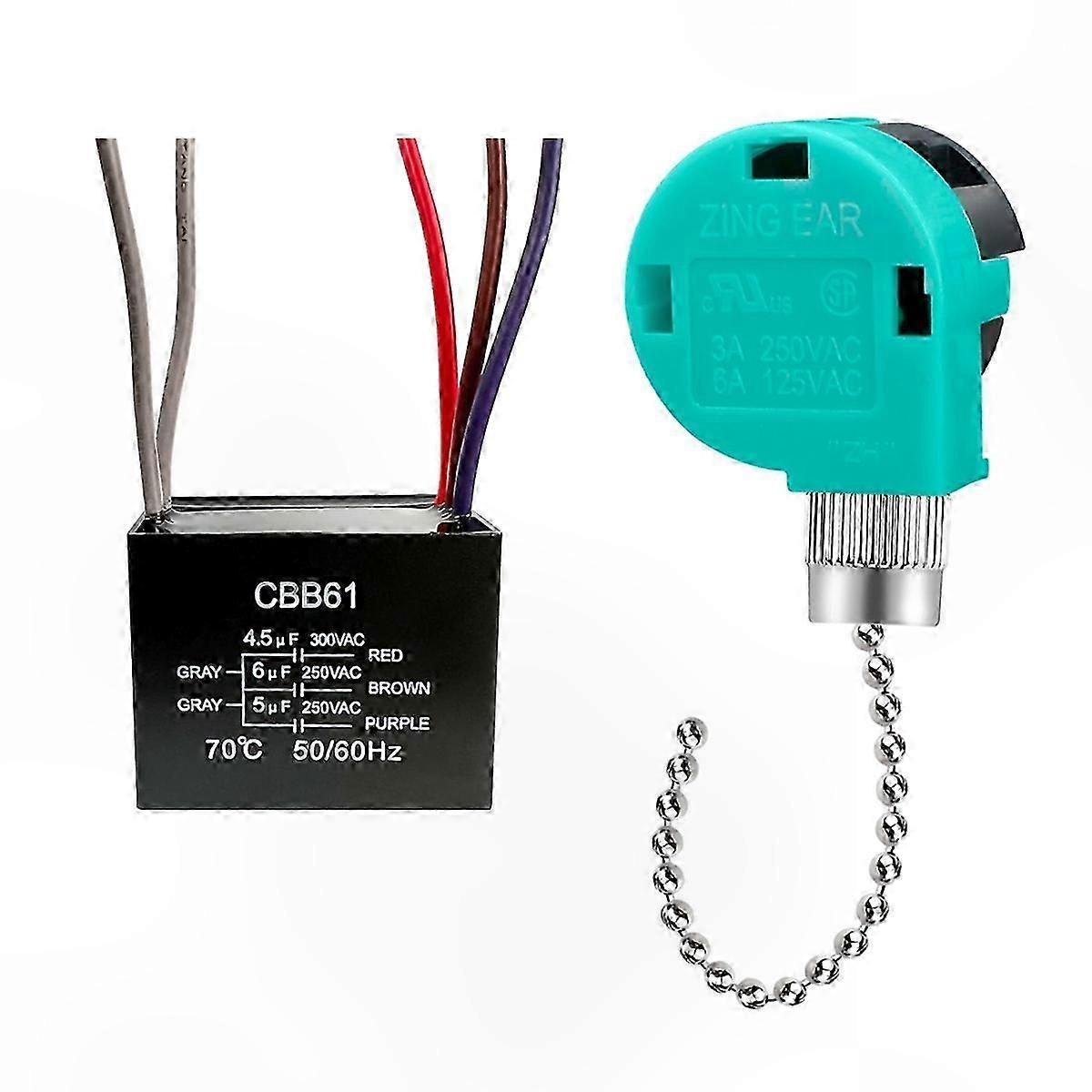 3-Speed Ceiling Fan Switch with 4 Wires, CBB61 Capacitor 4.5uF + 6uF + 5uF for 5-Wire Fans