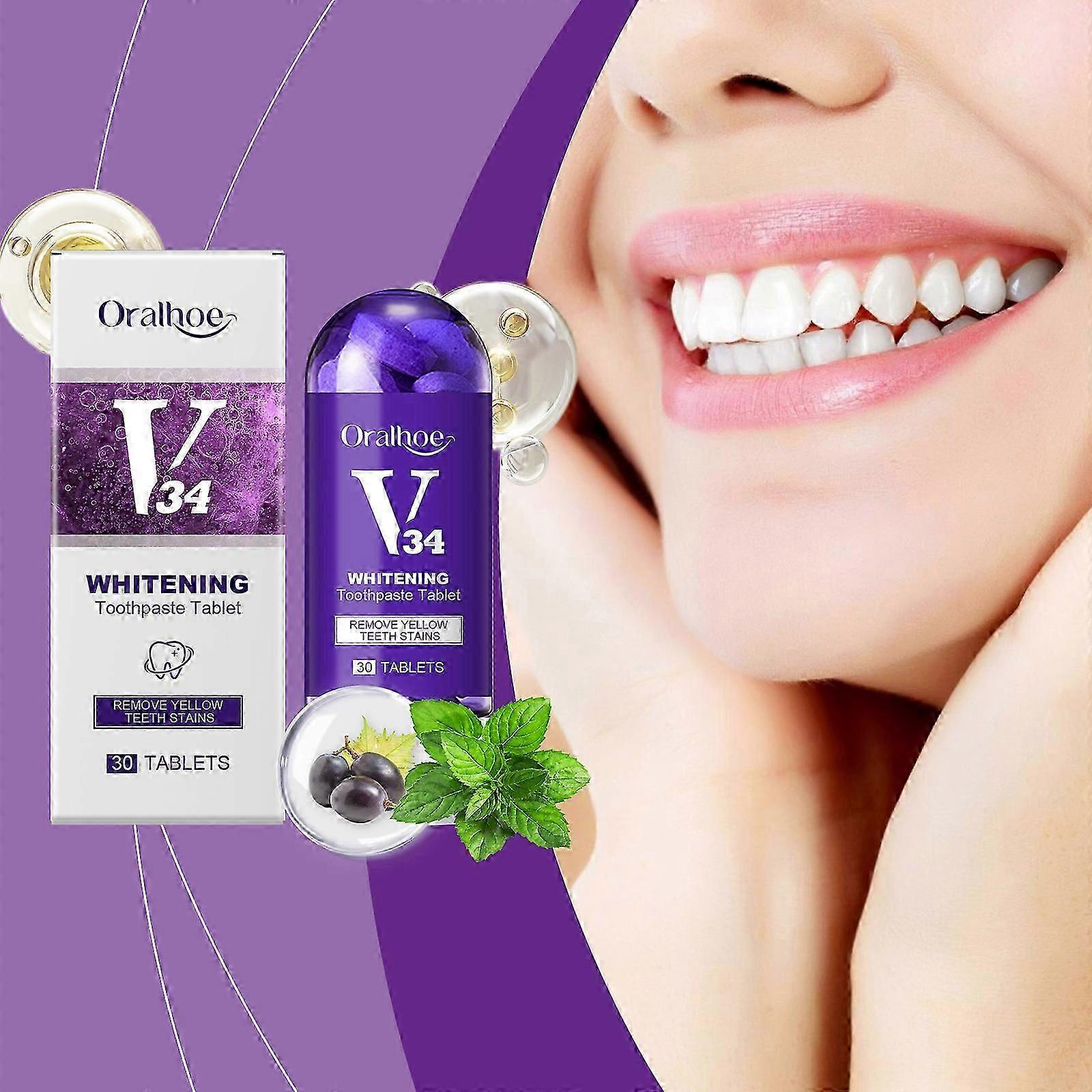 Whitening Toothpaste Tablet, V34 Brightening Toothpaste Tablets, Purple Toothpaste Tablets, Chewable Toothpaste Tablets for Teeth Whitening, Freshen B